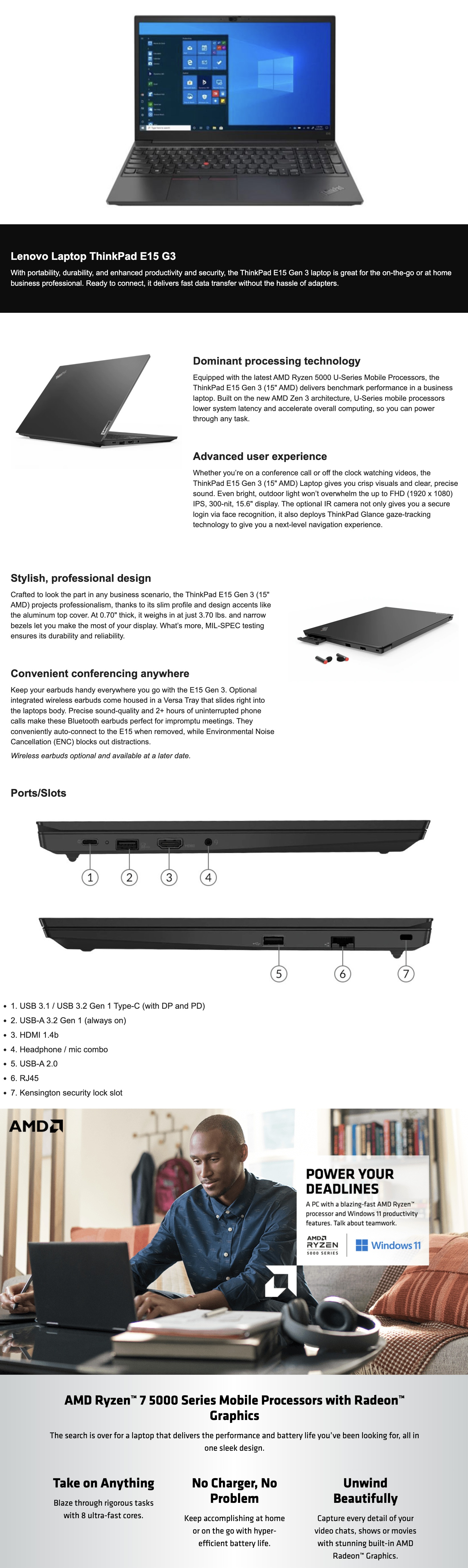 Lenovo ThinkPad E15 G3 20YG003CUS Laptop Ryzen 7-5700U 16GB RAM 512GB SSD W10PRO 15.6 Inches IPS FHD AMD Radeon Vega 8 Black - Description 1